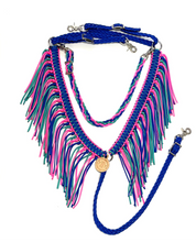 Electric blue hot pink and green turquoise fringe breast collar with a wither strap