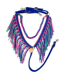 Electric blue hot pink and green turquoise fringe breast collar with a wither strap