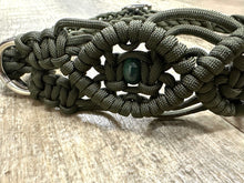Fancy side pull bitless attachment OD green with Indian agate gemstones.