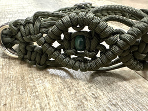 Fancy side pull bitless attachment OD green with Indian agate gemstones.