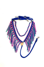 Electric blue hot pink and green turquoise fringe breast collar with a wither strap