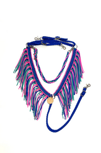 Electric blue hot pink and green turquoise fringe breast collar with a wither strap