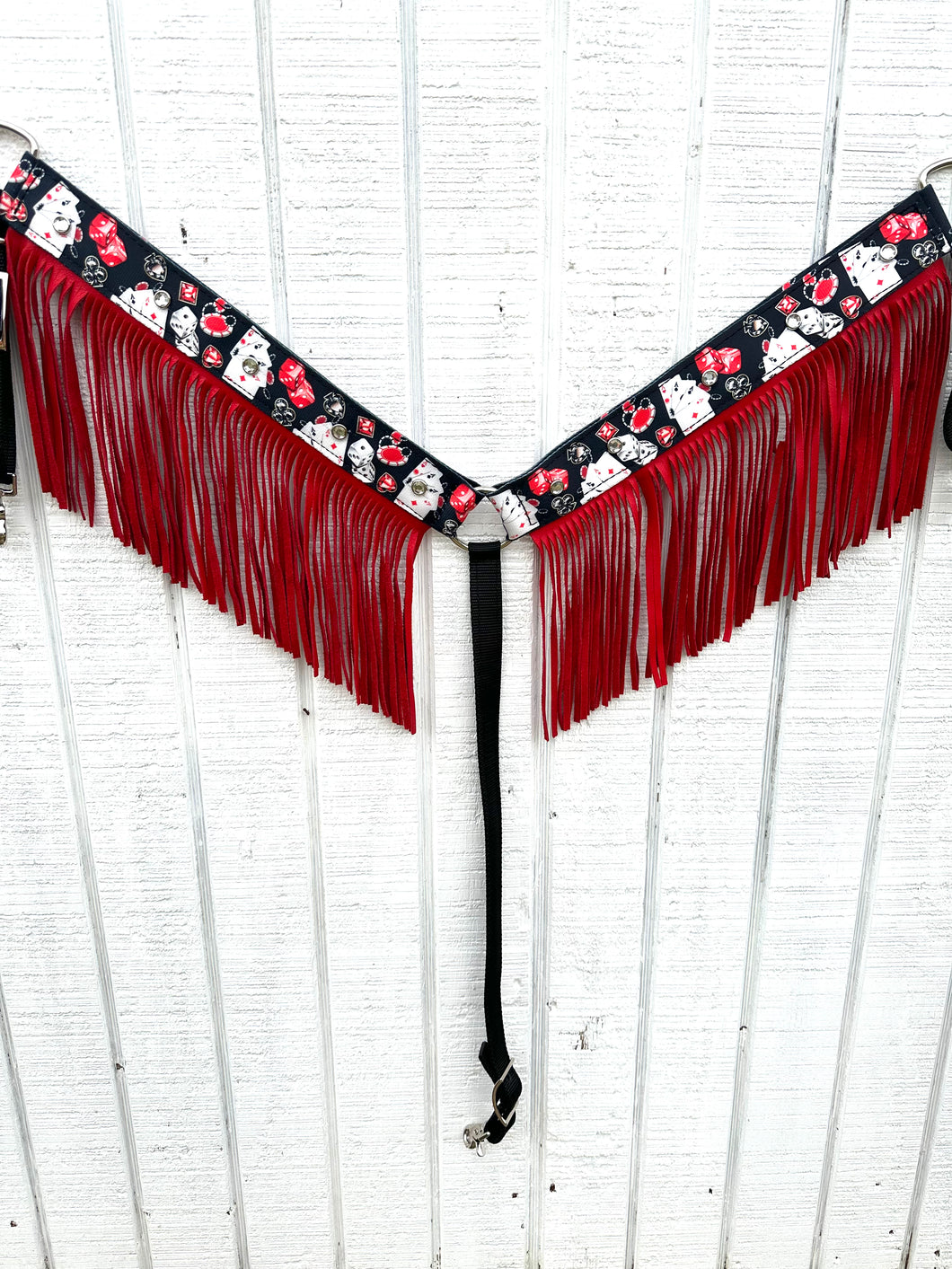 Vegas nylon fringe breast collar with red leather fringe.