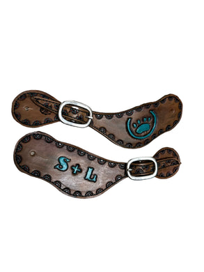 Custom Hand tooled and painted brand spur straps