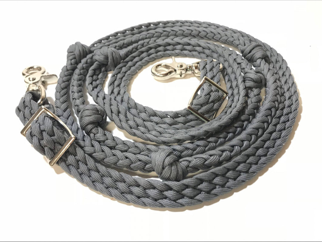 Charcoal grey Barrel Reins, Round with grip knots.