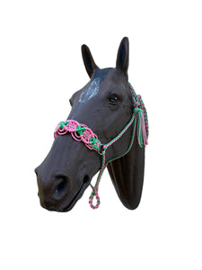 Braided horse halter with rose quartz beads