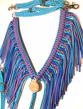 fringe breast collar turquoise, lilac, and royal blue