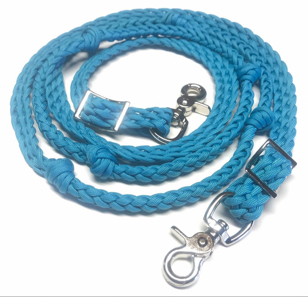 Neon turquoise  Barrel Reins, Round with grip knots