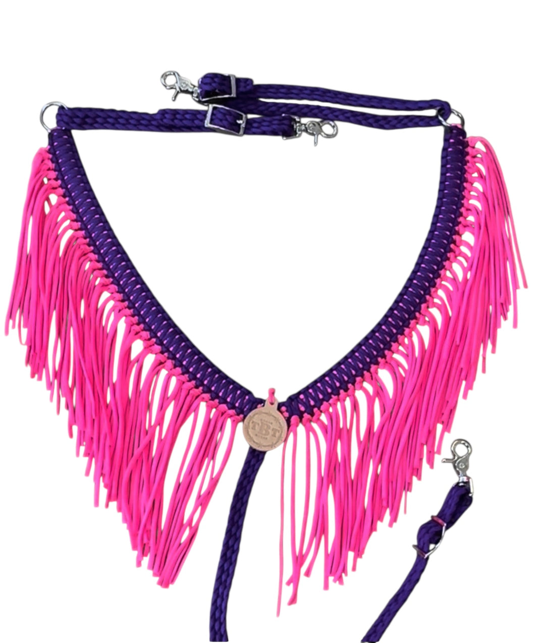 Purple and pink fringe breast collar.
