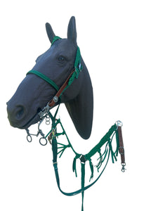 horse breast collar  and one ear headstall in leather and mule tape green