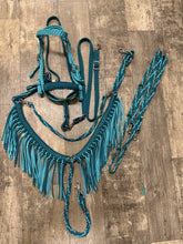 Teal and Turquoise  horse tack set,  (tie down  set, fringe breast collar, wither strap, reins, and bridle)