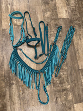Teal and Turquoise  horse tack set,  (tie down  set, fringe breast collar, wither strap, reins, and bridle)