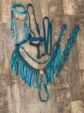 Teal and Turquoise  horse tack set,  (tie down  set, fringe breast collar, wither strap, reins, and bridle)
