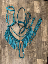 Teal and Turquoise  horse tack set,  (tie down  set, fringe breast collar, wither strap, reins, and bridle)