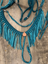Teal and Turquoise  horse tack set,  (tie down  set, fringe breast collar, wither strap, reins, and bridle)