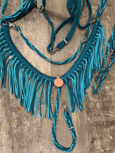 Teal and Turquoise  horse tack set,  (tie down  set, fringe breast collar, wither strap, reins, and bridle)