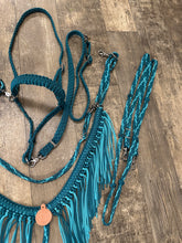 Teal and Turquoise  horse tack set,  (tie down  set, fringe breast collar, wither strap, reins, and bridle)