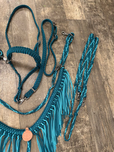 Teal and Turquoise  horse tack set,  (tie down  set, fringe breast collar, wither strap, reins, and bridle)