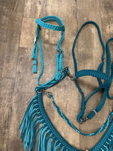 Teal and Turquoise  horse tack set,  (tie down  set, fringe breast collar, wither strap, reins, and bridle)