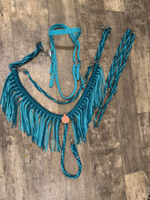 Teal and Turquoise  horse tack set,  (tie down  set, fringe breast collar, wither strap, reins, and bridle)