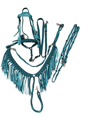Teal and Turquoise  horse tack set,  (tie down  set, fringe breast collar, wither strap, reins, and bridle)