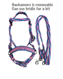 complete bitless bridle side pull hackamore with reins pink lilac and turquoise  ....pony, Cob, horse, or Draft horse size