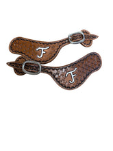 Hand tooled and painted Custom Brand spur straps basketweave.