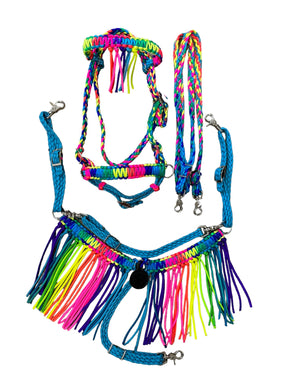 Rainbow Fringe Tack set with bitless bridle turquoise