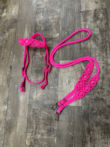 Hot pink Beaded Browband Headstall with a fancy braided browband with matching reins....all sizes.
