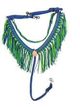Fringe breast collar with a wither strap royal blue and neon green
