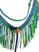 Fringe breast collar with a wither strap royal blue and neon green