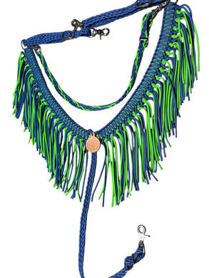 Fringe breast collar with a wither strap royal blue and neon green