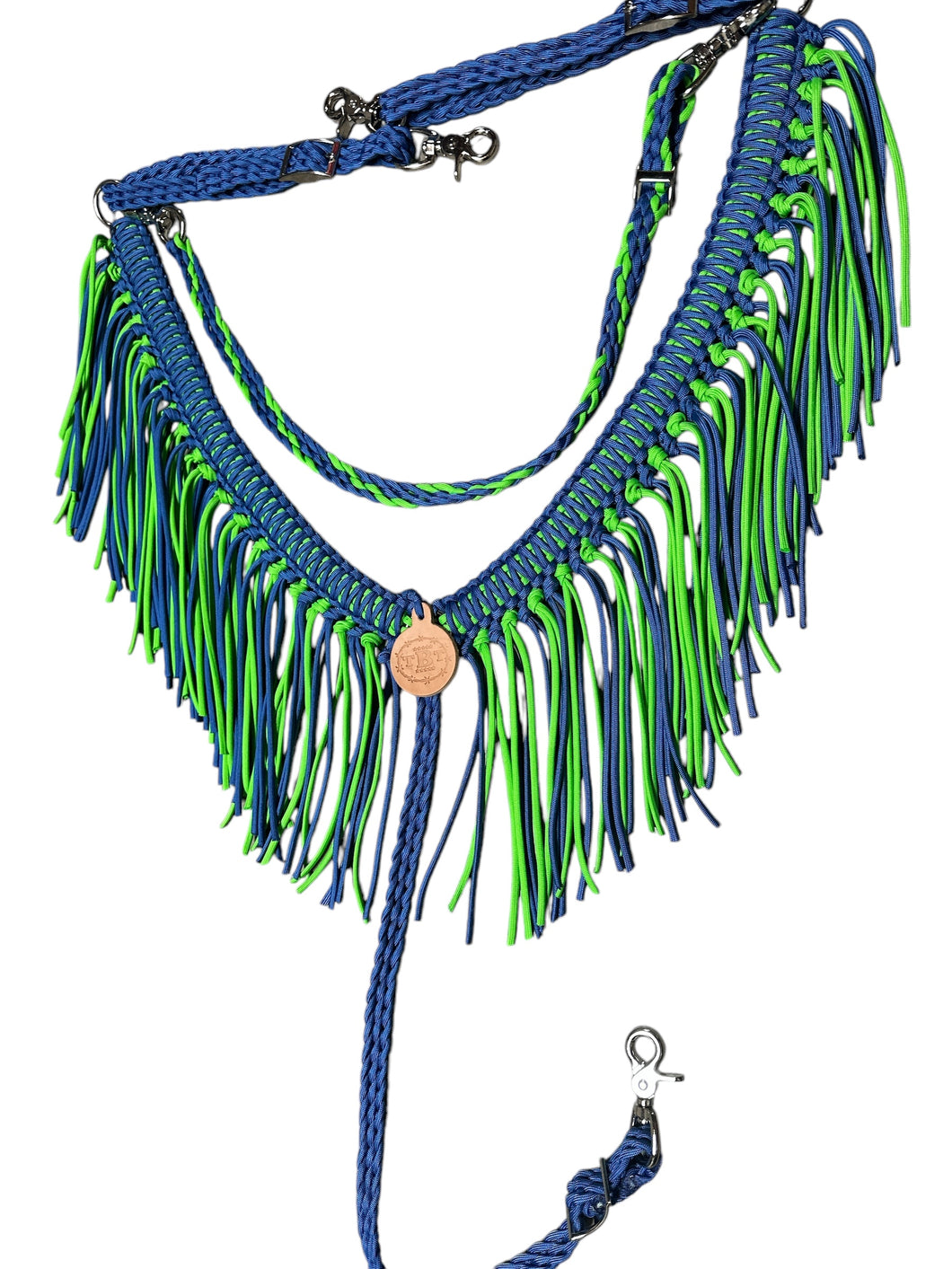 Fringe breast collar with a wither strap royal blue and neon green