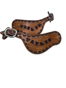 Hand tooled and painted custom spur straps purple