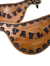 Hand tooled and painted custom spur straps purple
