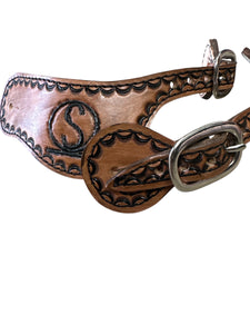 Hand tooled and painted Custom Brand spur straps