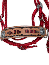complete bitless bridle personalized  side pull hackamore red  ....pony, Cob, Horse. or Draft horse size