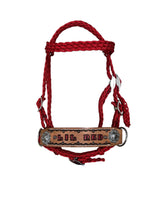 complete bitless bridle personalized  side pull hackamore red  ....pony, Cob, Horse. or Draft horse size