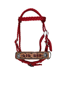 complete bitless bridle personalized  side pull hackamore red  ....pony, Cob, Horse. or Draft horse size
