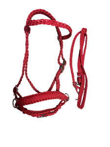 Complete Bitless bridle pony side pull hackamore with reins in red
