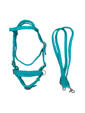 green turquoise complete bitless bridle side pull hackamore with reins ....pony, Cob, Horse. or Draft horse size