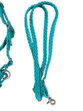 green turquoise complete bitless bridle side pull hackamore with reins ....pony, Cob, Horse. or Draft horse size