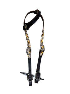 Butter soft cheetah sunflower leather one ear  Headstall with quick change buckles side pull hackamore bitless bridle horse size