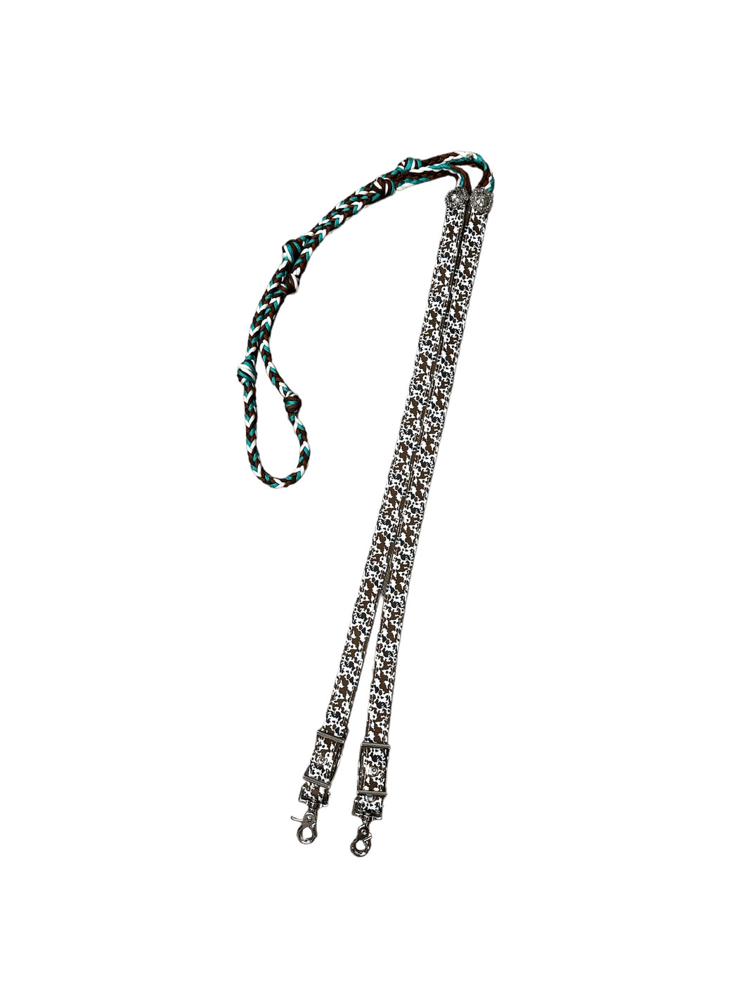 Cow print Barrel Reins, Round with grip knots...You choose color and length