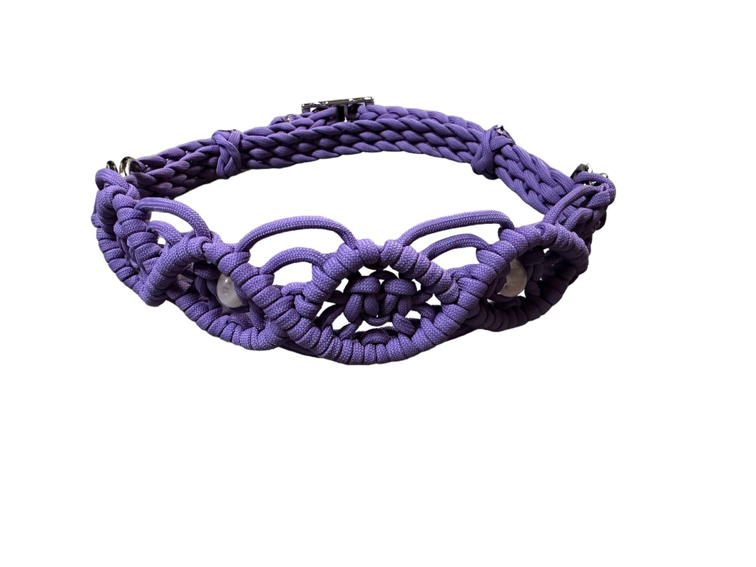 Beaded Macrame side pull hackamore  bitless attachment lilac with rose quartz , all sizes.