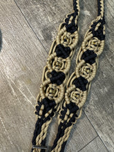 8' Fancy  braided beaded black and gold  loop reins with gold beads