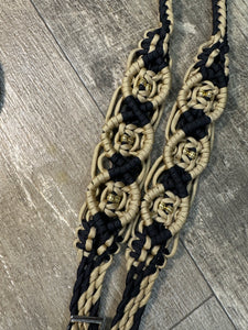 8' Fancy  braided beaded black and gold  loop reins with gold beads