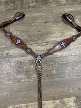 Leather breast collar and browband headstall lilac crosses.