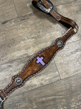Leather breast collar and browband headstall lilac crosses.