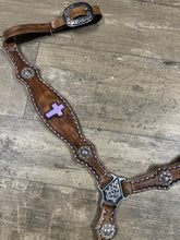 Leather breast collar and browband headstall lilac crosses.